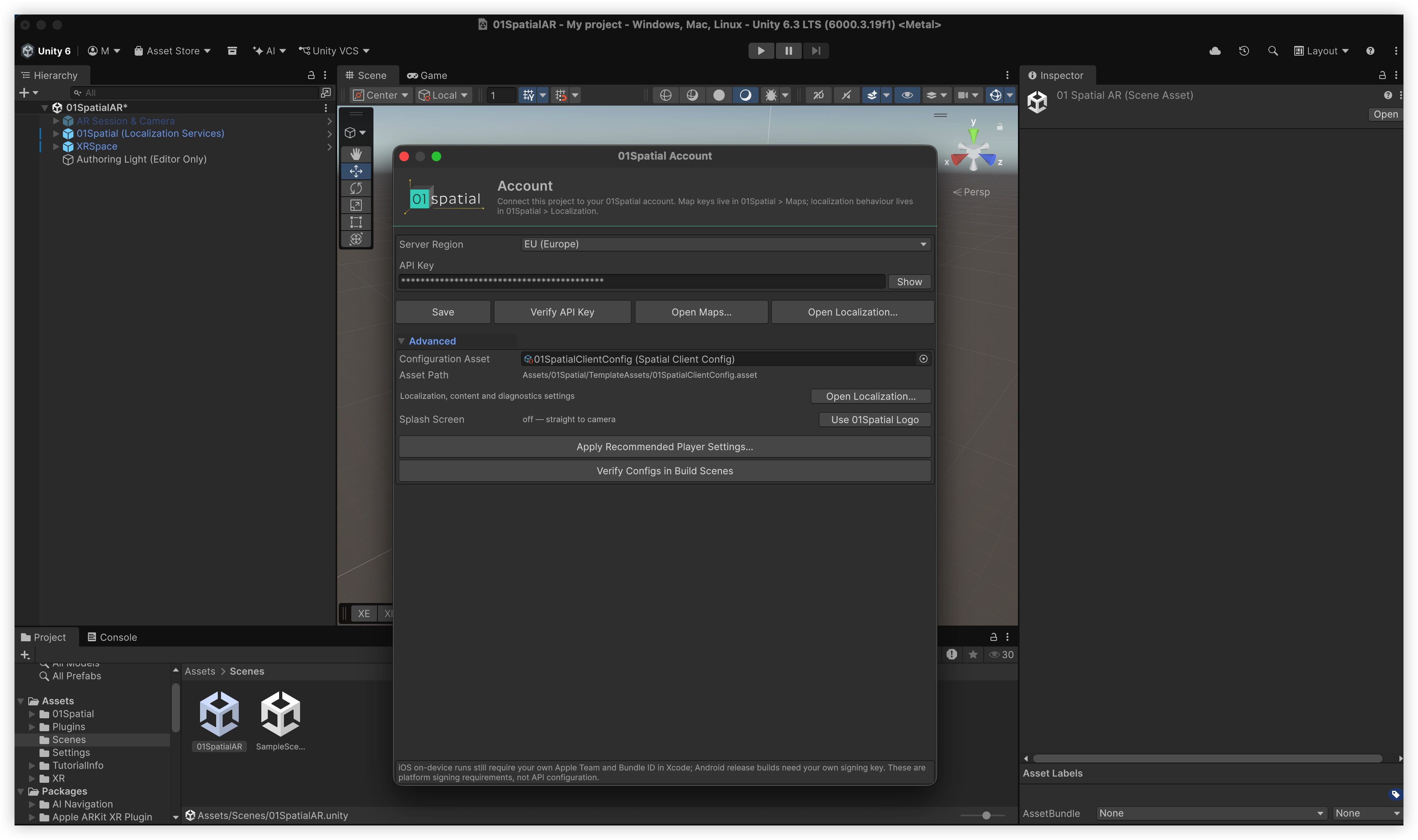 The 01Spatial Account window with Server Region and API Key fields, plus Save, Verify API Key, Open Maps, and Open Localization actions; the screenshot uses the EU example and Unity's password-style field masks the API Key