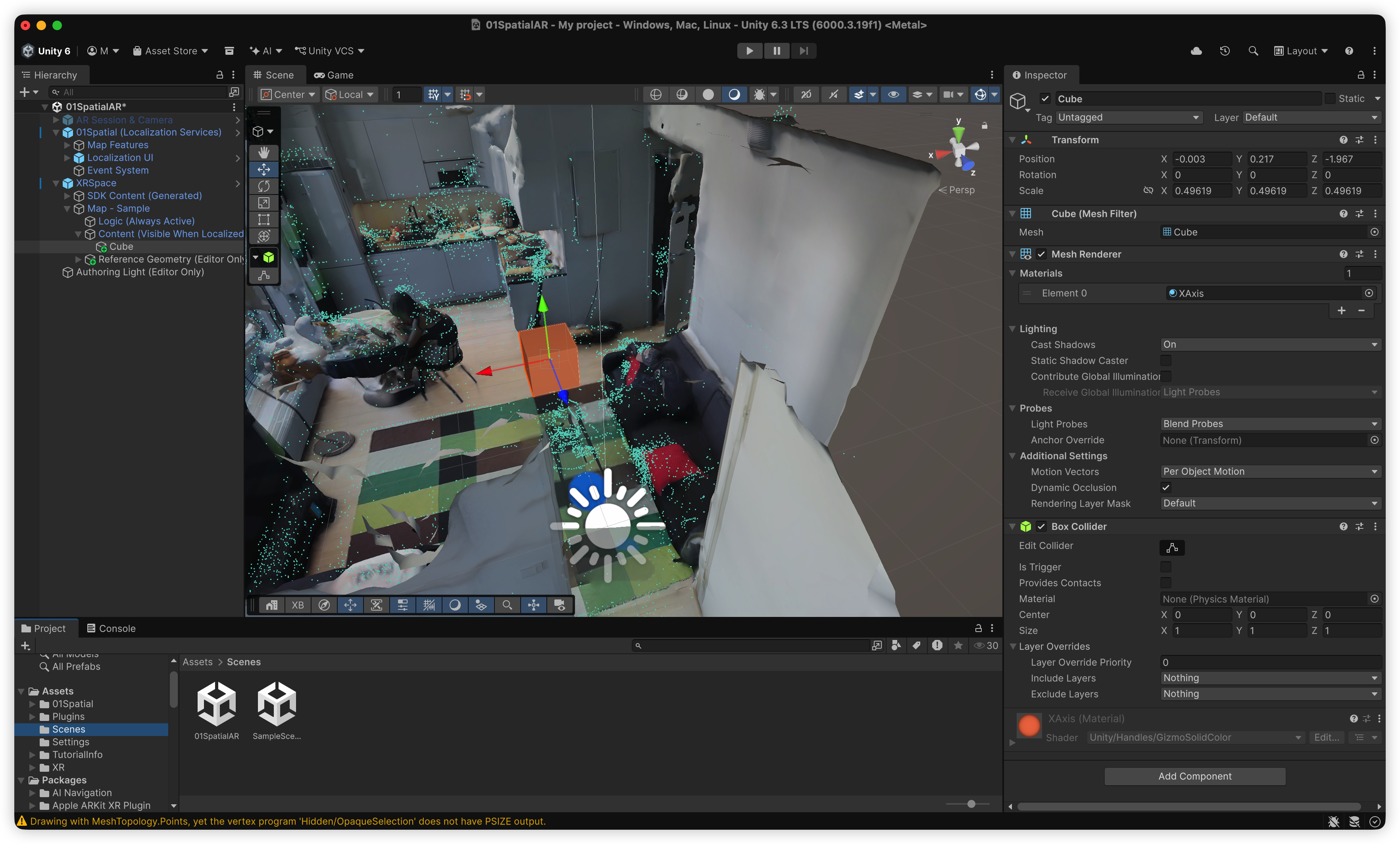 A Cube positioned against downloaded map Mesh and point-cloud references under Map - Sample > Content (Visible When Localized)